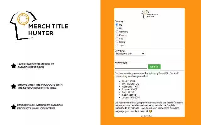 Merch Title Hunter from Chrome web store to be run with OffiDocs Chromium online Merch Title Hunter from Chrome web store to be run with OffiDocs Chromium online
