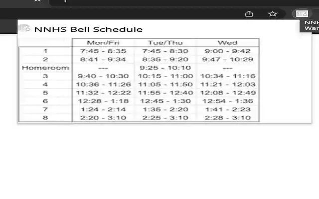 NNHS Bell Schedule from Chrome web store to be run with OffiDocs Chromium online NNHS Bell Schedule from Chrome web store to be run with OffiDocs Chromium online