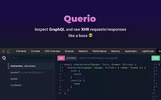 Querio GraphQL and XHR requests inspector from Chrome web store to be run with OffiDocs Chromium online Querio GraphQL and XHR requests inspector from Chrome web store to be run with OffiDocs Chromium online