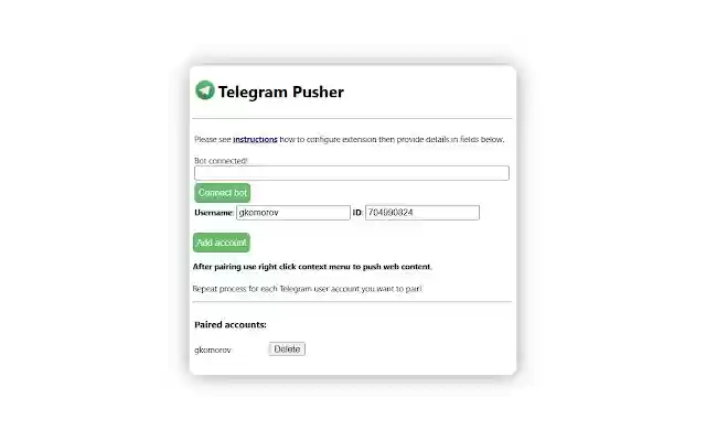 Telegram Pusher from Chrome web store to be run with OffiDocs Chromium online Telegram Pusher from Chrome web store to be run with OffiDocs Chromium online