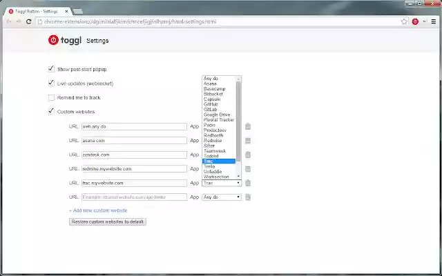 Toggl Button for Custom Websites from Chrome web store to be run with OffiDocs Chromium online Toggl Button for Custom Websites from Chrome web store to be run with OffiDocs Chromium online